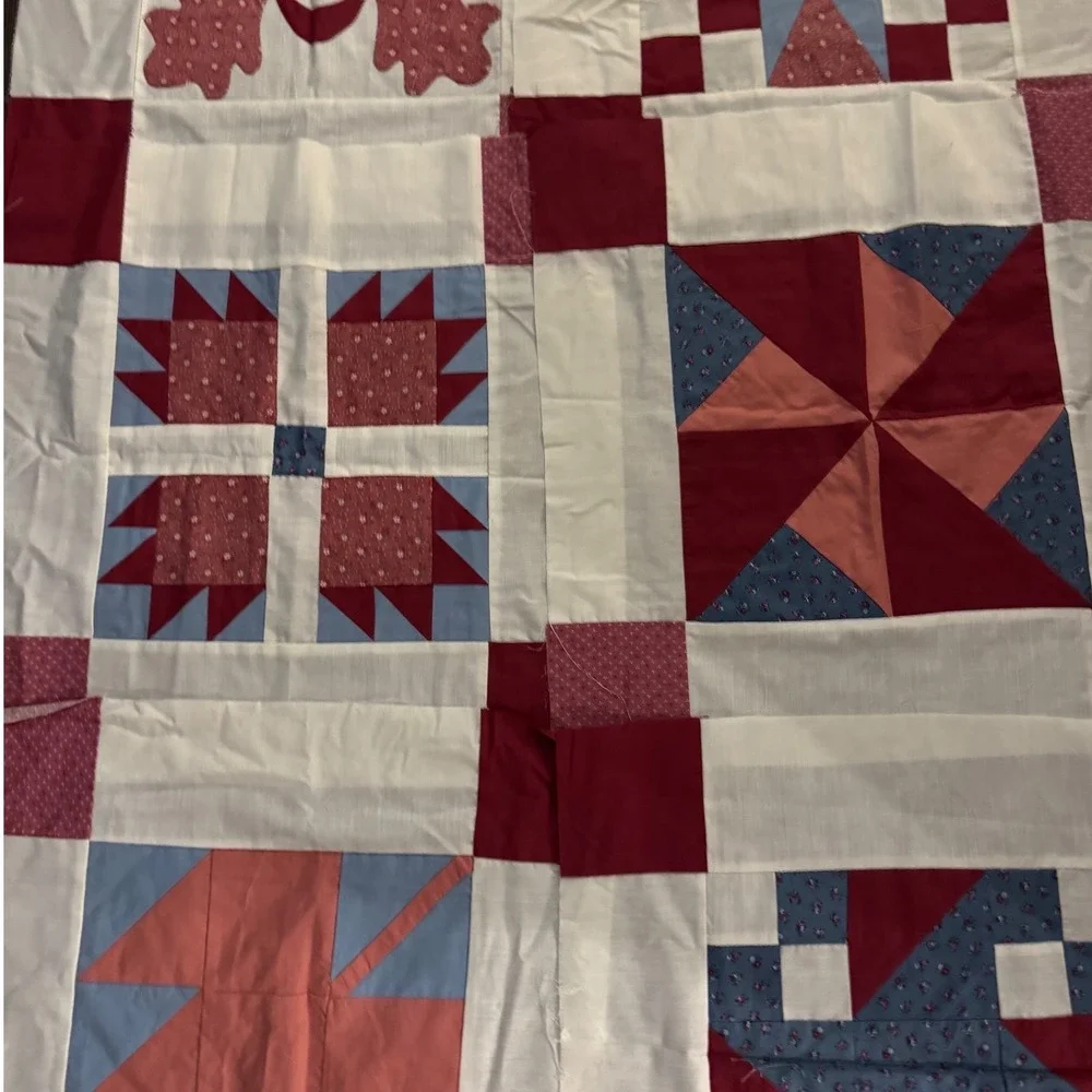 Handmade Quilt Top Panels 12 Vintage Patchwork Red White Blue Cotton